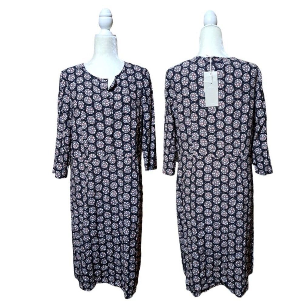 Boden 3/4 Sleeves Black Stars Print Sheath Dress 100% Viscose Front Button Sz 8R